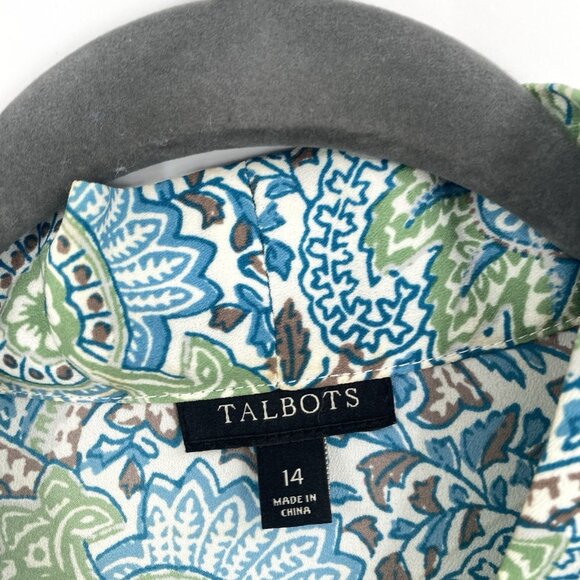 Talbots Size 14 Blue Green Paisley Floral Print Surplice Draped Neck Blouse - Picture 3 of 12